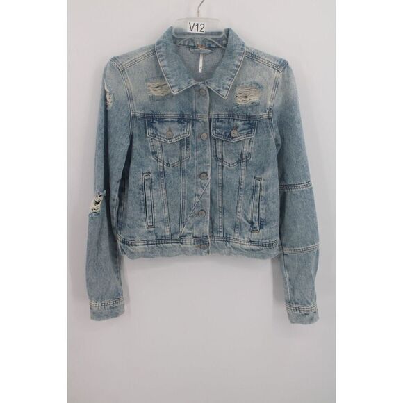 FREE PEOPLE DISTRESSED DESTROYED Denim Jacket Women's Size XS Light Indigo - Picture 1 of 12